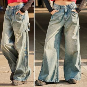 NWT Cider High Waist Wide Leg Carpenter Jeans Light Grunge Wash Size Medium NEW